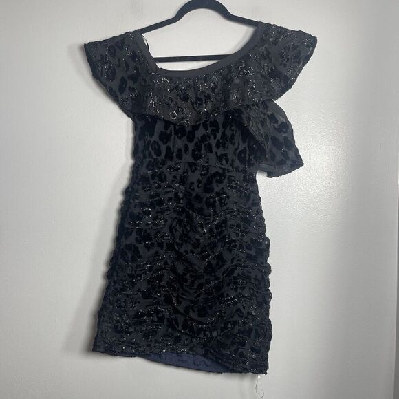 SELF PORTRAIT Metallic Leopard Frill Mini Dress Size 2 Black NEW Slim Fit Party - Picture 7 of 13